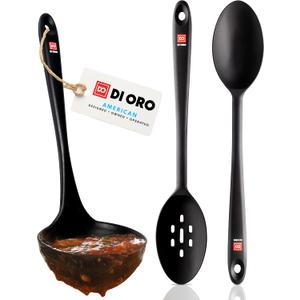 DI ORO Silicone Ladle & Spoons for Cooking  Large Kitchen Spoons for Mixing, Serving, & Stirring - Soup Ladle with Wide Bowl - High Heat Silicone Kitchen Utensils for Nonstick Cookware Safe (Black)