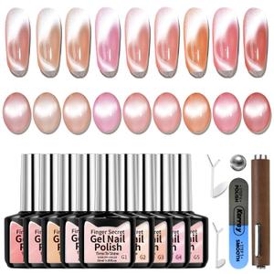 Gel Nail Polish Set, Cat Eye Gel Polish Kit, Holographic Reflective Magnetic Shimmer Glitter Nude Brown Pink Skin Tones Nail Art, Manicure Salon DIY Gifts, Soak Off, UV/LED Cured (9 Colors G)