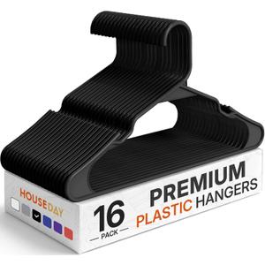 HOUSE DAY Plastic Hangers 16 Pack - Adult Clothes Hangers Black - Space Saving, Non-Slip, Durable & Sturdy Hanger with Shoulder Grooves for Closet, Perfect Slim Coat Hanger - Ganchos Para Colgar Ropa