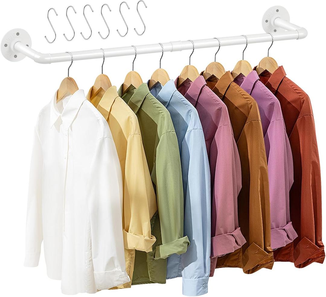 ERYTLLY Industrial Pipe Wall Mounted Clothes Rack,38 Inches Heavy Duty Detachable Garment Rack,Multi-purpose Hanging Rod for Closet,White (1)