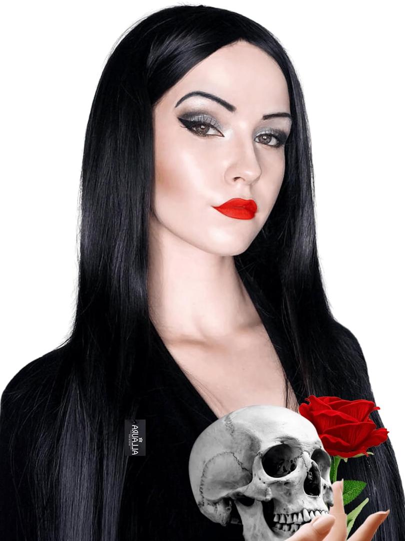 ALLAURA Compatible with Morticia Wig  32" Long Straight Black Wig for Women  Ideal for Cher Costume, Witch Look, 70s Disco, Halloween, Morticia Addams Cosplay, Glam Party, Retro or Gothic Outfits
