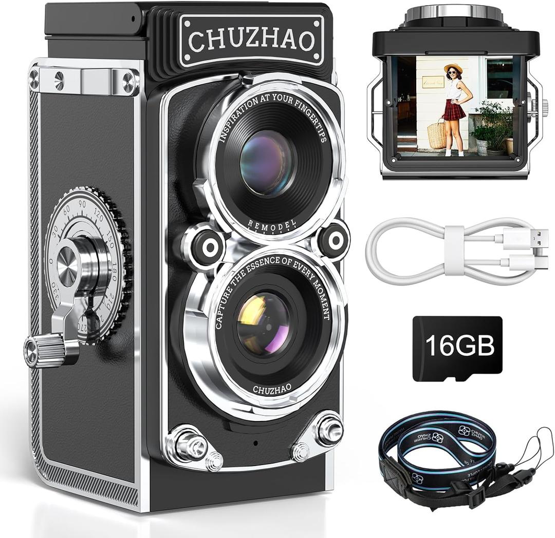 CHUZHAO Digital Camera Retro Portable Mini Vintage Camera Digital TLR Vintage Old Style Camera with 12MP Photos 1080P FHD Video Auto Focus - Black