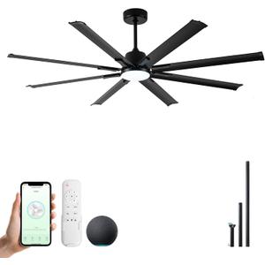 72 Inch Ceiling Fan with Light,Industrial Ceiling Fan with 8 Black Aluminium Blades,Smart Fan Compatible with Alexa,Garage Outdoor Indoor Fan for Patio and Living Room (Black/Single Aluminum-with WIFI)