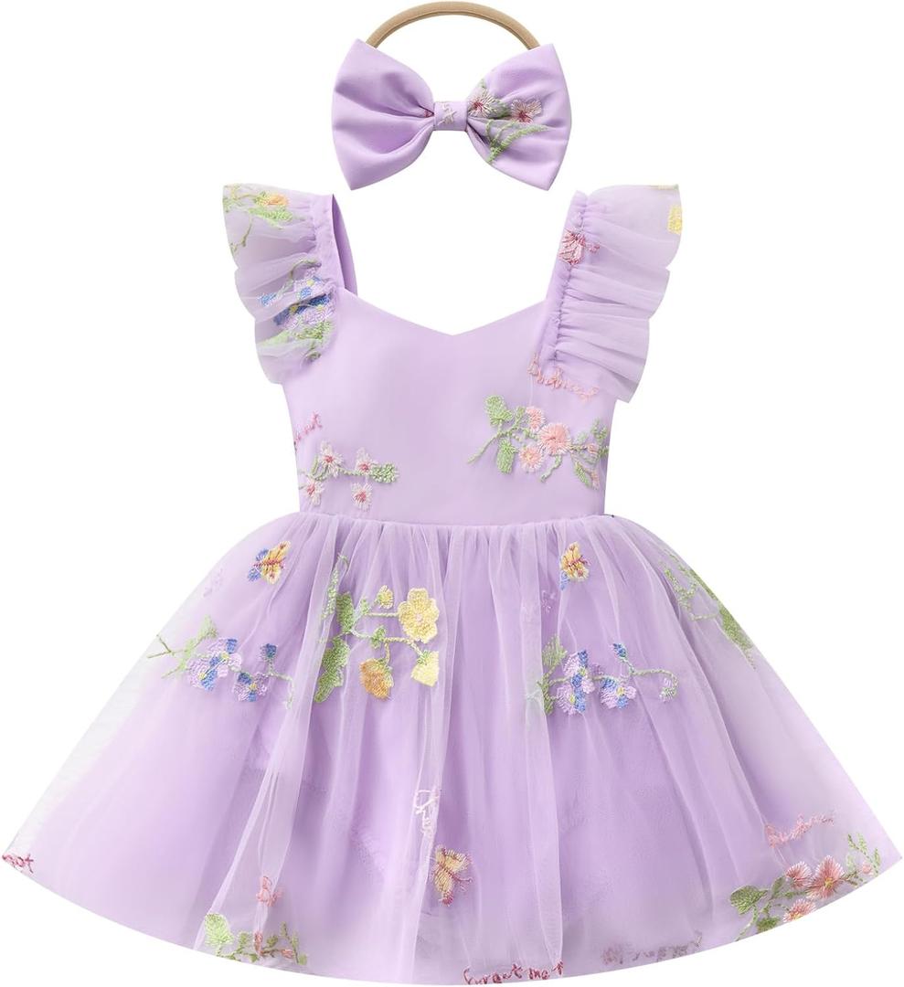 FYMNSI Infant Baby Girl 1st Birthday Outfit Floral Lace Tulle Romper Tutu Dress Headband 2 PCS Bodysuit Princess Summer Clothes, 18M