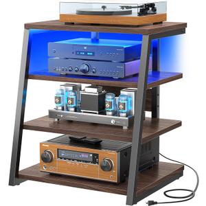 Armocity 4-Tier AV Media Stand with Power Strips, Corner TV Stand with LED Lights, Rack Audio Tower with Adjustable Shelves, Corner Entertainment Center, 30'', Black Walnut