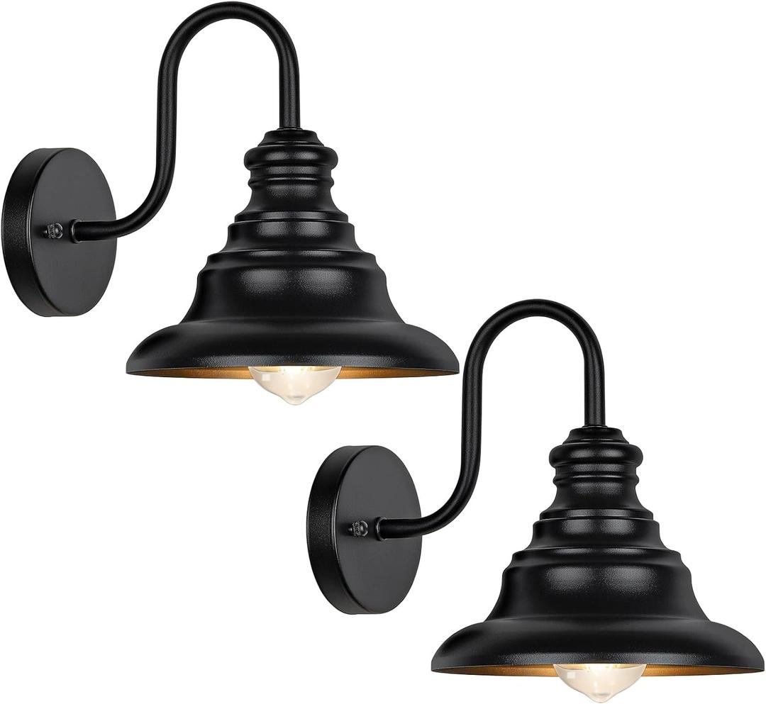 2-Pack Outdoor Wall Light Fixtures, 8in Gooseneck Porch Lights, Farmhouse Waterproof Barn Lights with E26 Socket, Anti-Rust Exterior Lighting Fixtures Wall Mounted for House Garage Entryway Patio