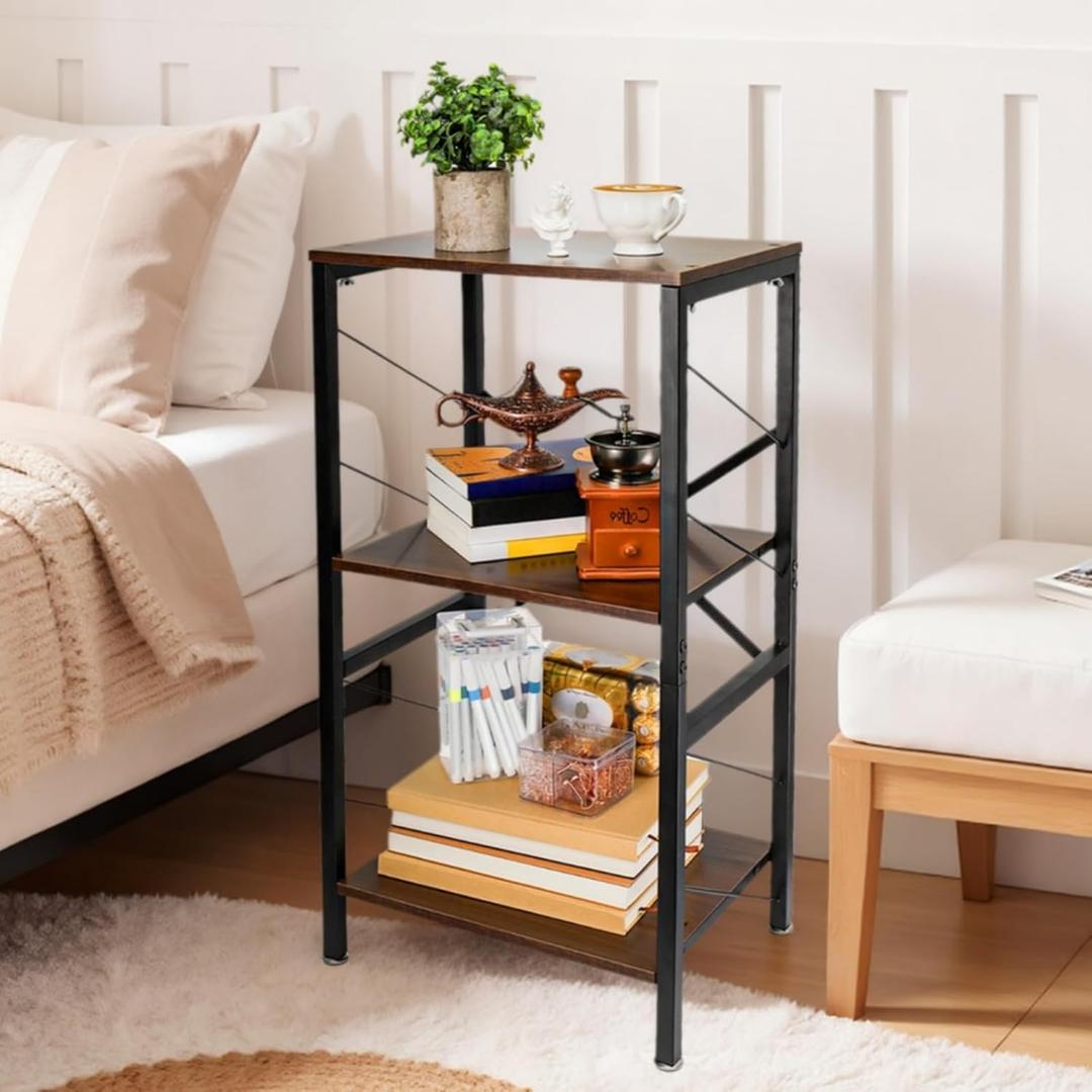 3 Tier Tall End Table, 30'' Height Small Telephone Table Stand, Narrow Wood Side Table with Shelves, Industrial Nightstand for Living Room, Bedroom, Office, Hallway, Rustic Brown