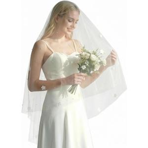 Wedding Veil for Bride 2 Tier Pearl Bridal Veil Fingertip Length Flower Veils for Women Wedding (Off-white)