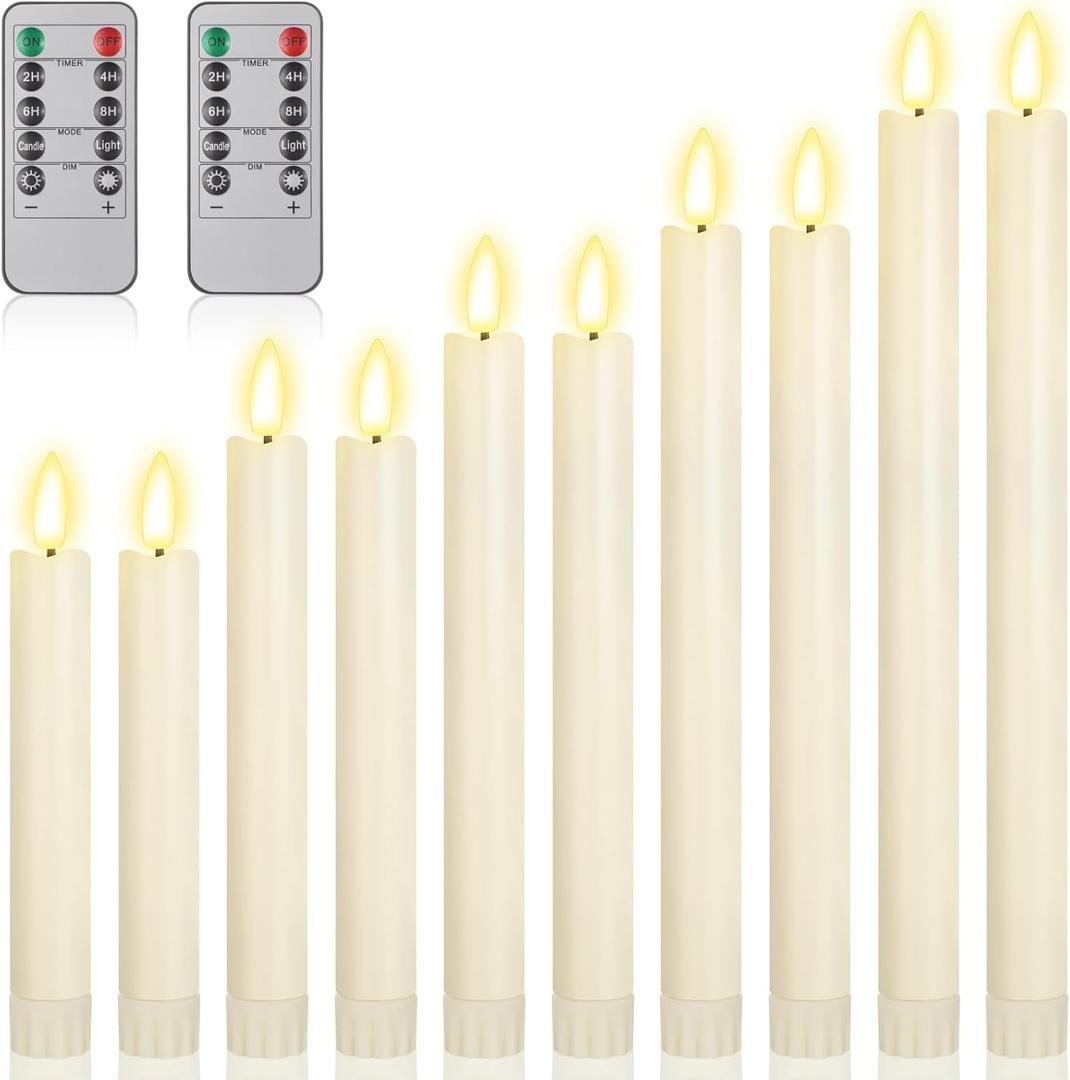 Rossesay 10 Pcs Flameless Taper Candles with Remote Battery Operated Taper Candles Include 6.5'' 7.7" 8.9" 10" 11.2" Fake LED Electric Candle Sticks for Valentine's Day Home Wedding Decor (Warm White)