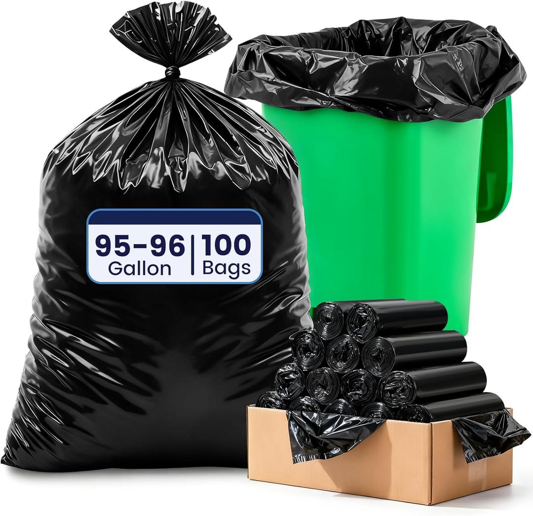 100 Count 95-96 Gallon Heavy Duty Trash Bags Extra Large Black Garbage Can Liners for Construction & Outdoor Trash Cans, 1.2 Mil Thick, 60'' x 71''