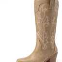 Athlefit Women's Embroidered Western Cowboy Boots Fashion Pointed Toe Chunky Heel Mid Calf Cowgirl Boots