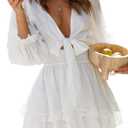 AlvaQ Dress for Women Long Sleeve Short Mini Dress Deep V Neck Ruffle Flowy Sundress Fashion 2025 White, Large