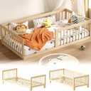 Toddler Bed, Variable Twin Floor Bed Frame with Removable Guardrails and Legs, Low Wooden Kids Bed with 10 Slats and Supporting keel, Crib-to-Bed Transition for Bedroom or Nursery