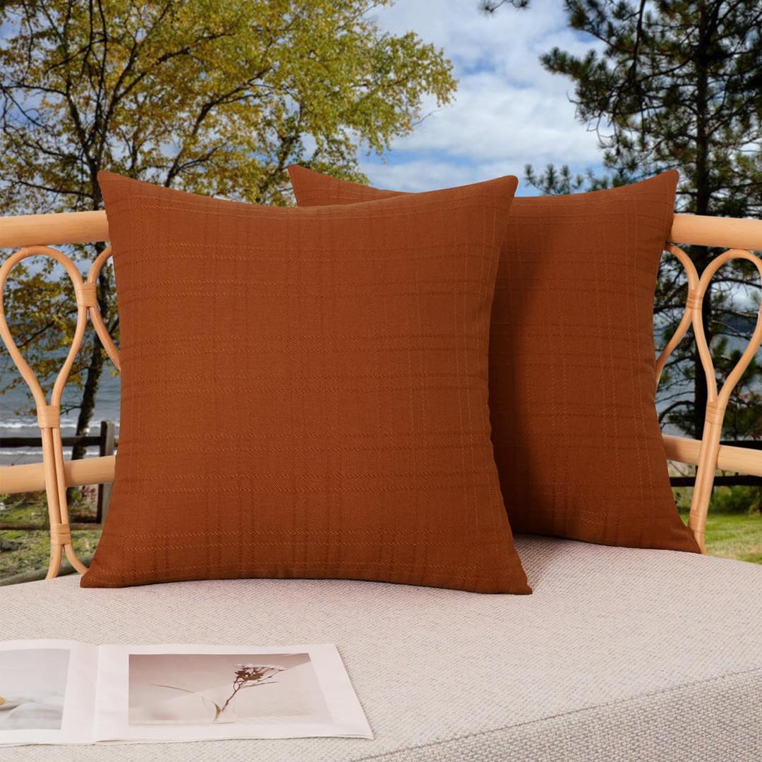 Kevin Textile Fall Pack of 2 Outdoor Waterproof Pillow Covers Checkered Decorative Cushions Sham Throw Pillowcases Shell for Patio Tent Garden Couch Bed Sofa 18x18 Inch Burnt Orange