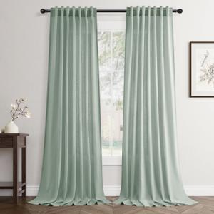 Aqua Green Linen Back Tab Curtains 84 Inch Length for Living Room 2 Panel Pocket Drape Light Filtering Semi Sheer Cream Country Rustic Farmhouse Boho Curtain Bedroom Pinch Pleated Look