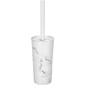 mDesign Stainless Steel Toilet Bowl Brush and Holder Set, Modern Metal Compact Storage Organizer Cleaner Scrubber for Toilet - Heavy Duty Cleaning Plunger for Bathroom, Mirri Collection, White Marble