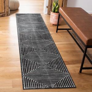 Rugshop Marbella Bohemian Stripes Washable Non Slip Runner Rug 2' x 6' Black