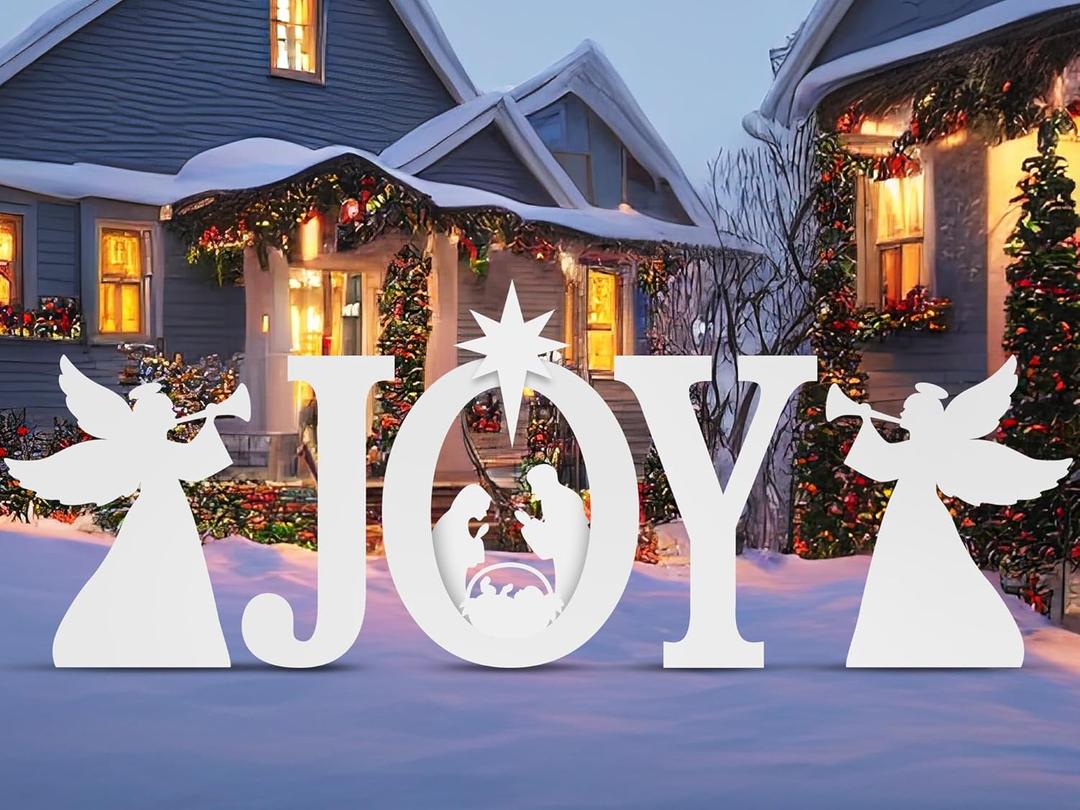 Christmas Joy Nativity and Angels Outdoor Decoration, JOY Christmas Nativity Scene Yard Signs Lawn Decor Weather Resistant PVC Silhouette Outdoor Decor, White