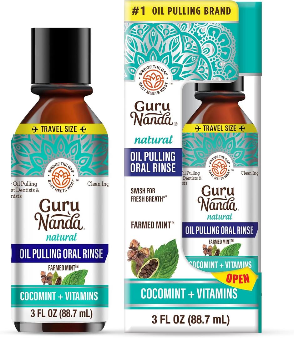 GuruNanda Travel Size CocoMint Oil Pulling Mouthwash, 7 Essential Oils & Vitamins, Promotes Fresh Breath & Happy Gums, No Alcohol & Fluoride, 3 oz