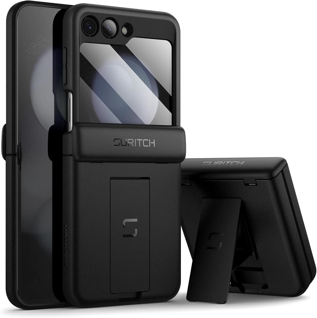 SURITCH for Samsung Galaxy Z Flip 5 Case with Built-in Screen Protector & Kickstand & Hinge Protection, Full-Body Shockproof Protective Cover for Z Flip 5 (2023) -(Black)