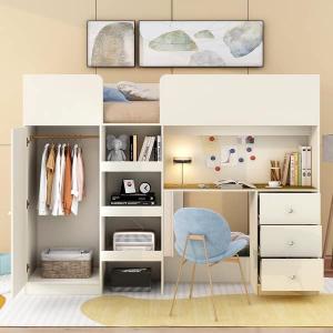Harper & Bright Designs Full Size Loft Bed with Desk, Wood Loft Bed with Wardrobe & Storage Drawers, High Loft Bed Frame with Storage Shelves and Wardrobe for Kids Teens Adults, Beige