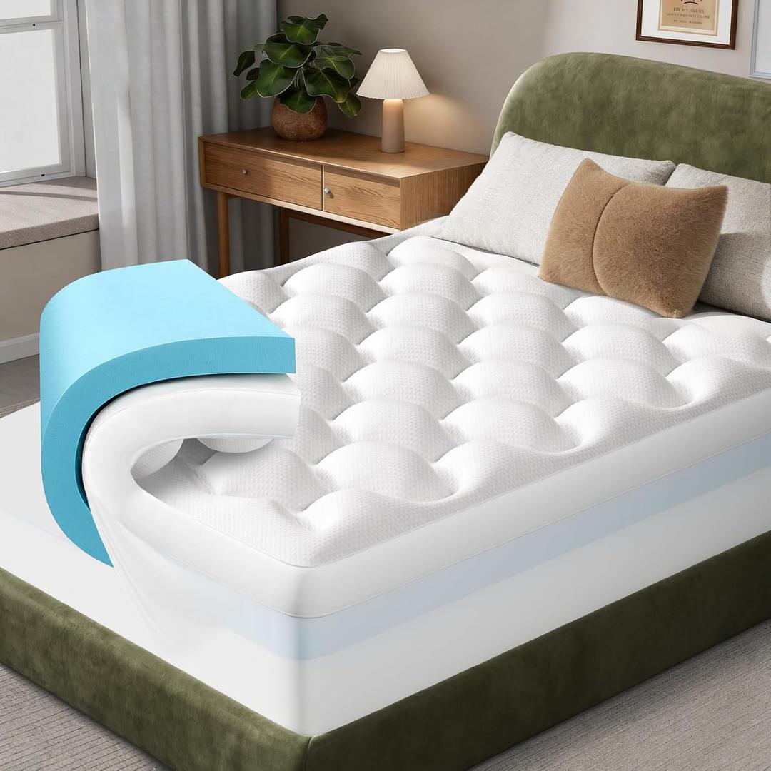OhGeni Cooling 4 Inch Full Size Dual Layer Mattress Topper, 2 Inch Gel Memory Foam, 2 Inch Soft Pillow Top Pad, Bedroom Essentials Mattresses Cover, Extra Comfortable Sleep and Back Pain Relief