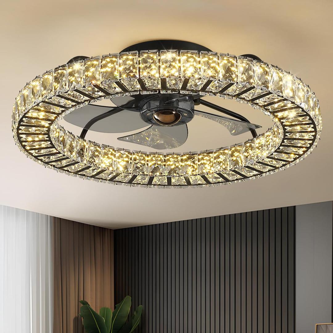 Flush Mount Ceiling Fan with Light, 22" Modern Crystal Chandelier Ceiling Fan with Smart 4-Light Color Change, Dimmable LED Ceiling Fan, 6 Wind Speeds, Low Profile Ceiling Fan for Bedroom (Black - 22 Inch)