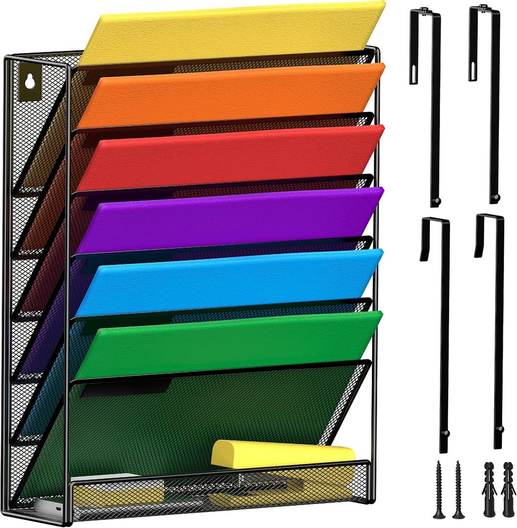 7-Tier Wall Hanging File Organizer Cubicle Hanging Organizer Mount File Holder, Mesh Magazine Document Mail Organizer Wall Organizer for Office School Home, Black