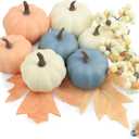 Artgar Fall Pumpkin Decor - Fake Foam Pumpkins - 11 PCS Mini Pumpkins with Maple Leaves Berries for Fall Halloween Thanksgiving Home Mantelpiece Table Tray Decoration (Style-5)