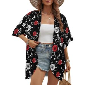 2 x Summer Black Floral Cardigan Kimono for Women Lounge Lightweight Cover Ups for Women Swimwear with Quarter Sleeve (Black, L)