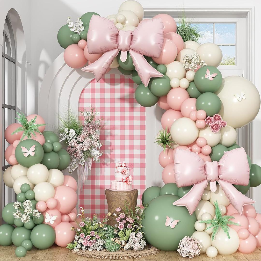 Sage Green Pink Balloon Arch, Pastel Pink Dusty Green Ivory Balloon Garland with Bow Foil Balloons for Girls Wildflower Tea Party Birthday Bridal Baby Shower Wedding Spring Floral Flower Decorations, 18/12/10/5 Inch