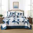 Cotton Quilt Bedding Sets 3 Pieces Soft Reversible Coverlets Luxury Star Real Patchwork Bedspread, Blue White, Queen Size