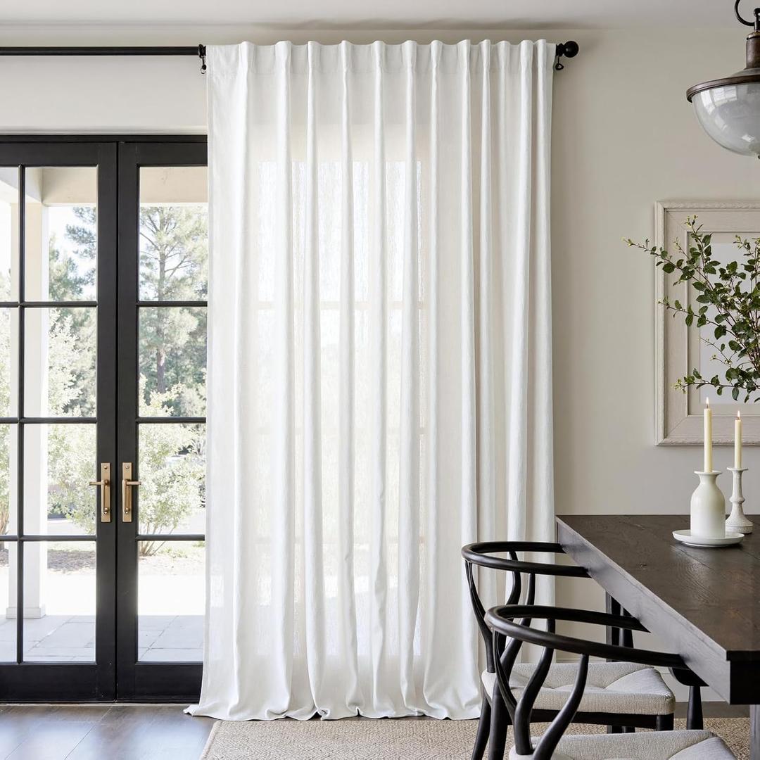 jinchan Linen Blend Curtain 120 inch Extra Long 1 Panel Extra Long for Sliding Door, Light Filtering 100 inch Extra Wide Patio Door Drape with Rod Pocket Back Tab(100W x 120L, Off White)