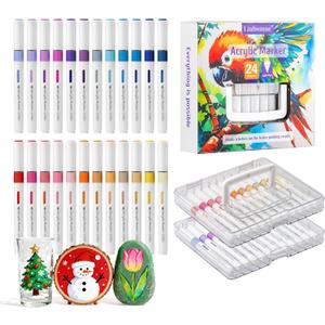 Linbsunne Paint Markers for Book Drawing, Coloring Illustrations, Ceramics, Card making, Note taking Planner,Set of 24 colors