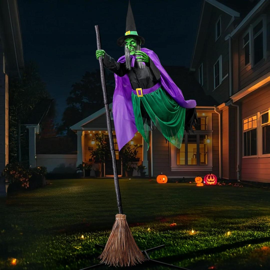 Halloween Decorations Outdoor - 12 Ft Animated Hovering Witch Animatronics Prop with Sound & Touch Activated Sensor - Spooky Scary Decor for Home Outside Garden Yard Lawn
