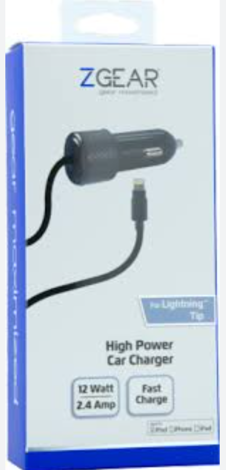 ZGear High Power Lightning Cable Car Charger - Black, 5 ft 