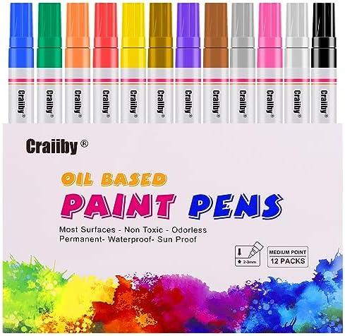 Paint Markers, 12 Pack Oil-Based Waterproof Quick Dry Permanent Paint Pen Set for Rocks Painting, Wood, Fabric, Plastic, Canvas, Glass, Mugs, Metal, Tire, Stone, DIY Craft