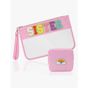 2 Pcs Big Sister Gifts Cosmetic Makeup Bag with Chenille Letter Patch,with Handles PVC Waterproof Clear Makeup Bag,Portable Toiletry Storage Bag
