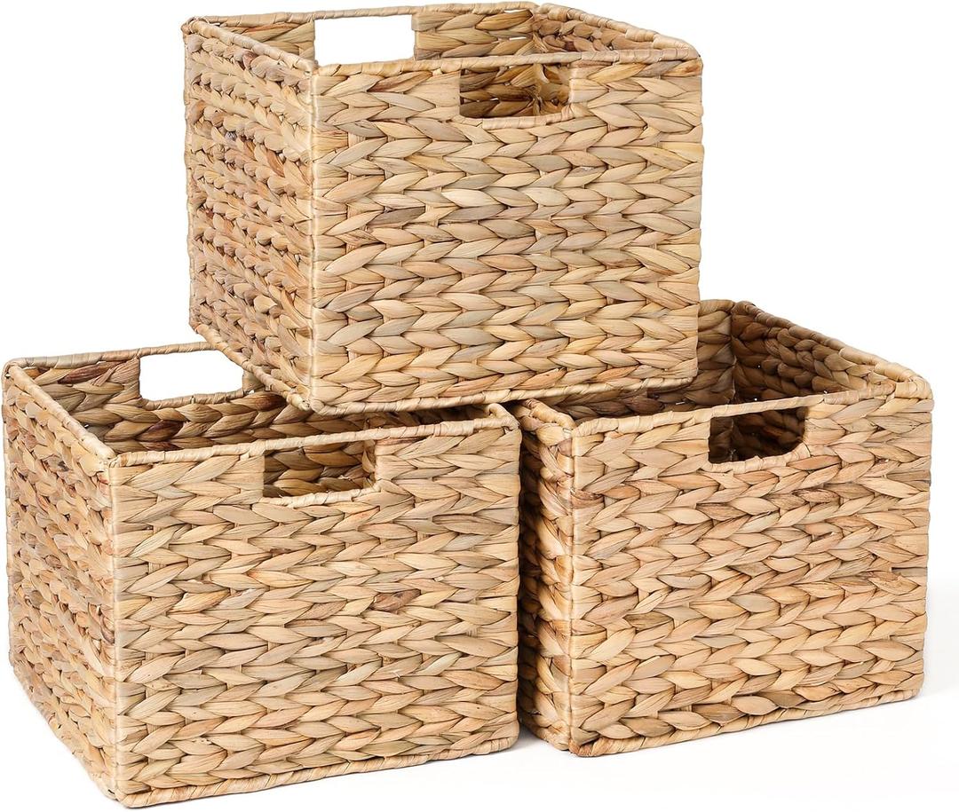 Water Hyacinth Storage Baskets, 12X12X10in Wicker Storage Cubes Set of 3, Kitchen Baskets for Pantry Organization, Foldable Square Baskets for IKEA Kallax