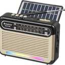 G Keni Portable Solar Radio AM FM SW with Rechargeable Battery Operated, Shortwave Bluetooth Radio Strong Reception, USB/TF Card Input, Solar Panel, Big Speaker with Ambient Light (Golden&Black)