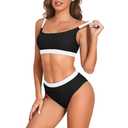 Zando High Waisted Bikinis for Women 2024 Cute Bikinis for Teen Girls Sports Color Block Swimsuit Women Two Piece Cheeky High Cut Bathing Suit Scoop Neck Swimsuits Black White Splice Swimsuit 12-14,2XL