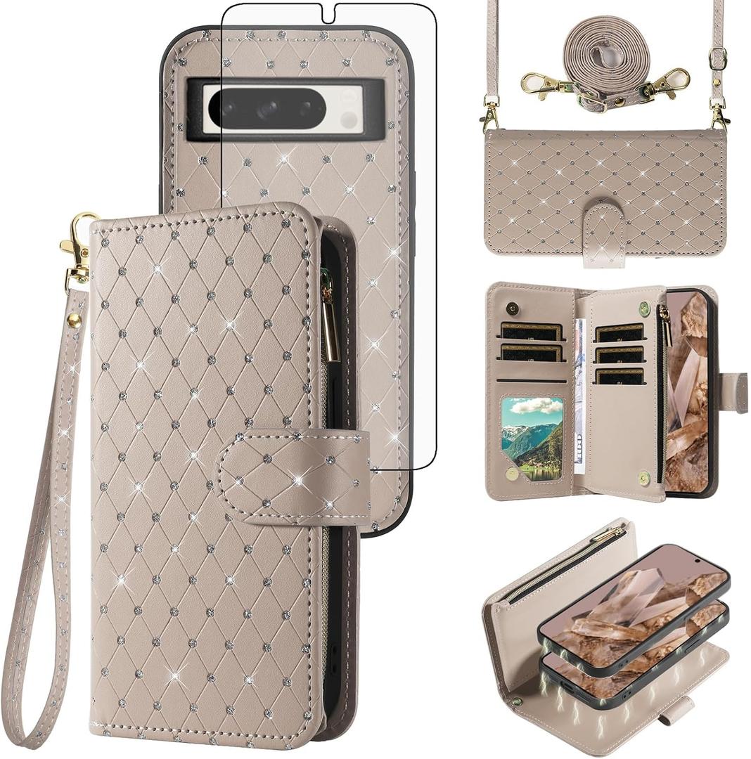 Compatible with Google Pixel 8 Pro 5G Wallet Case Zipper Cell Tempered Glass Screen Protector Crossbody Strap Glitter Flip Card Holder Phone Cover for Pixel8Pro Pixel8 XL Eight 8Pro Women Grey