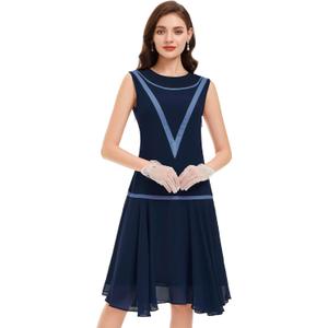 BABEYOND Womens 1920s Inspired Dress - Flapper Dress Low-Waist Dress Sleeveless Party Chiffon Dress for Women (Large, Navy)