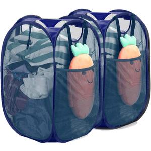 [Reinforced] Strong Mesh Pop-up Laundry Hamper, Quality Collapsible Laundry Basket with Durable Handles Solid Bottom High Carbon Steel Frame, Easy to Open and Fold Flat for Storage(Blue) (2-Pack)