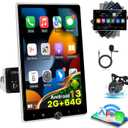 [2+64G] Android Single Din Car Stereo - 10.4 Inch Rotating Touch Screen Radio with Wireless Carplay & Android Auto, EQ, WiFi, GPS, FM RDS, Mirror Link + AHD Backup Camera & MIC