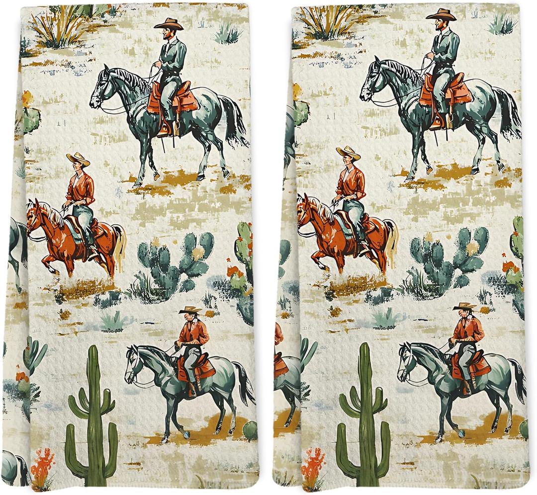 Western Kitchen Towels, Wild West Cactus Desert Rustic Vintage Hand Towels for Bathroom Home Decor, Western Cowboy Country Wilderness Dishcloths Dish Towel for Kitchen, 16x24 Inches, Set of 2