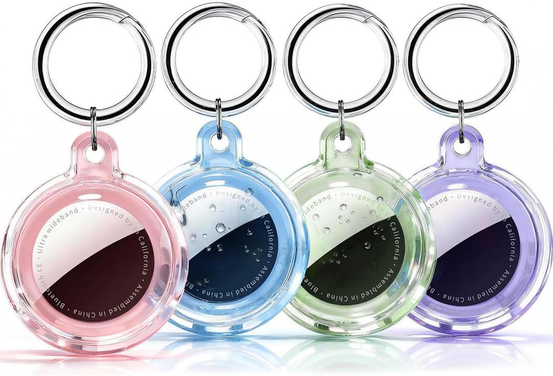 Galafoki 4 Pack Compatible with AirTags Holder Case with Keychain,IPX8 Waterproof, Clear Air Tags-4 Pack Air Tags Item Finders Case for Kids,Dog,Car Keys,Luggage -Pink/Purle//Blue/Purple/Black/White