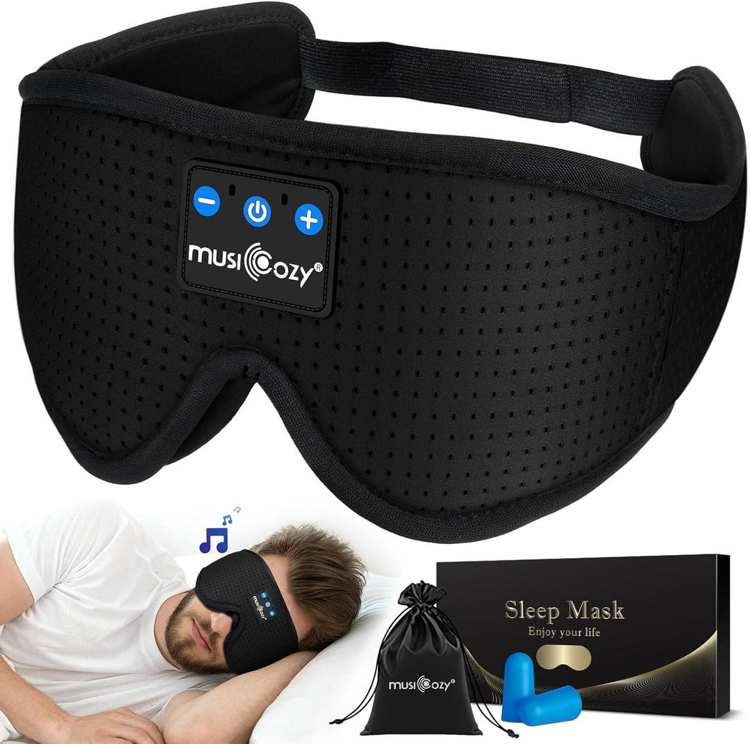 MUSICOZY 3D Bluetooth 5.4 Sleep Headphones, Breathable Wireless Music Eye Mask, Sleeping Headphones with Headband for Side Sleepers, Women, Men, Air Travel, Unique Tech Gifts (Black)