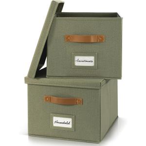ZICOTO Decorative File Organizer Box Set of 2 - Collapsible Linen Filing Cabinets w/Handles Are Perfect to Store all Your Documents & Hanging File Folders - Portable Easy Slide Crates with Lid (Sage Green)