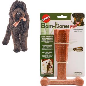 SPOT Bam-Bones Plus T Bone - Bamboo Fiber & Nylon Dog Chew Toy for Moderate to Aggressive Chewers, Non-Splintering, Long-Lasting, 7in Beef Flavor, for Adult Dogs & Teething Puppies Under 90lbs